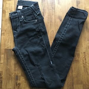 high rise distressed black skinny jeans